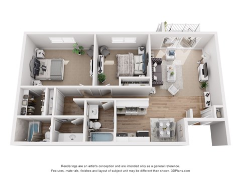 Floor plan for 2 beds, 2 baths, 990 sqft